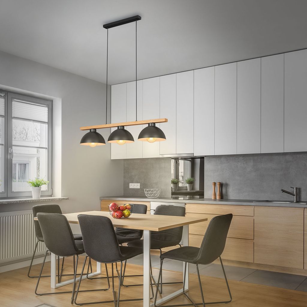 Pendelleuchte Hängelampe Retro Schirm Vintage 3xE27 Metall-Holz schwarz Briloner 6