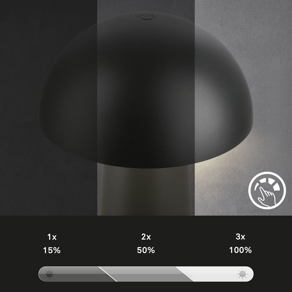 Briloner Fungo Mini LED table lamp cordless IP44, dimmable, touch, black