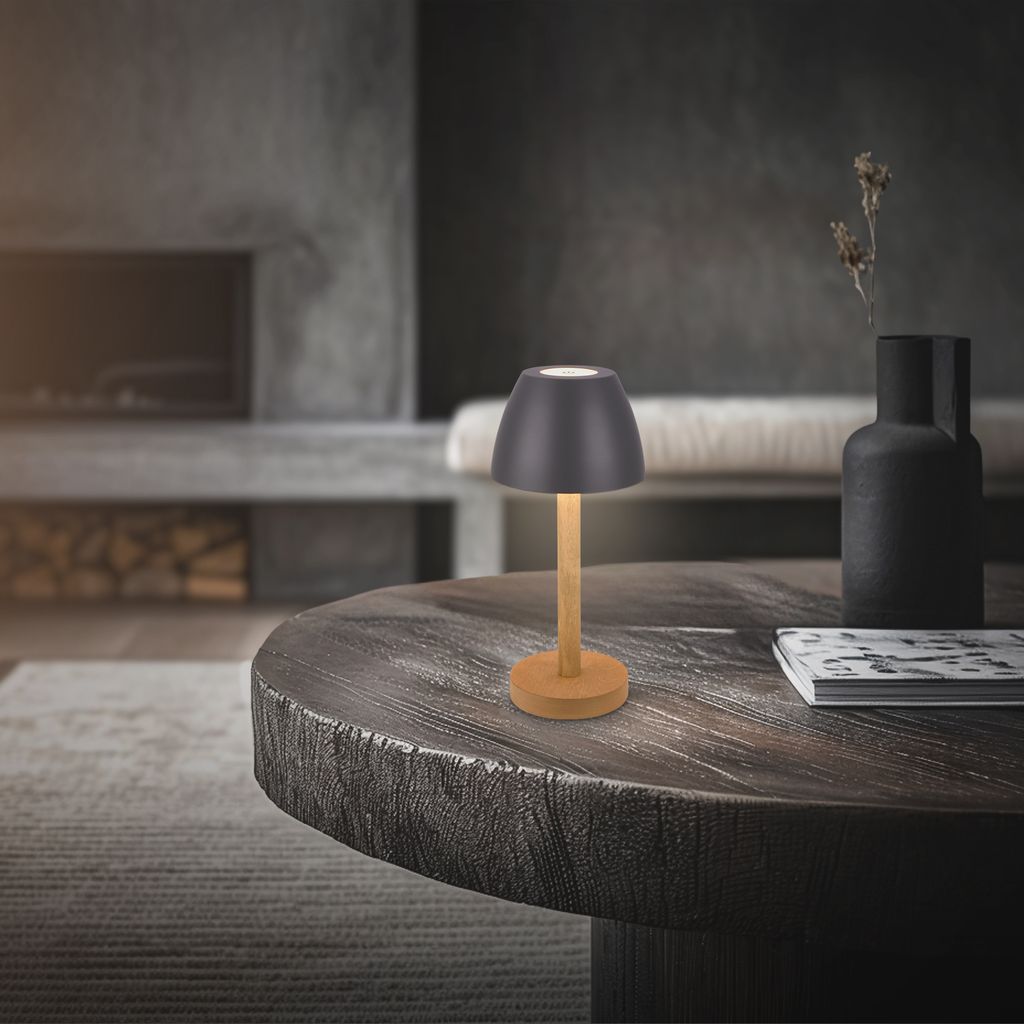 Serina Wood Rechargeable Table Lamp - 2.5W, 200lm, Cordless, LED, Touch, Dimmable, Anthracite-Wood