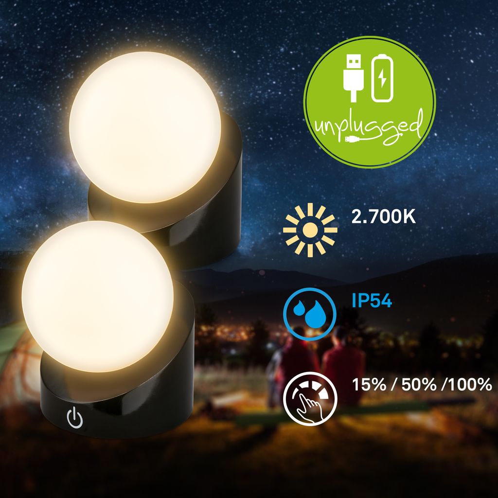 Sora Mini LED Tischlampe kabellos IP54, Dimmbar, Touch, 2er Set, Schwarz