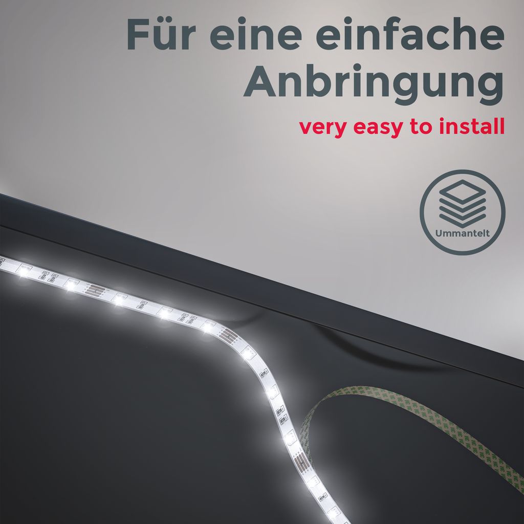 B.K.Licht LED Strip 3m, silicone coated, RGB, remote control, self-adhesive, colour change, can be shortened, LED Stripes, light chain, ribbon, strip, LED strip light, LED batten luminaire, white