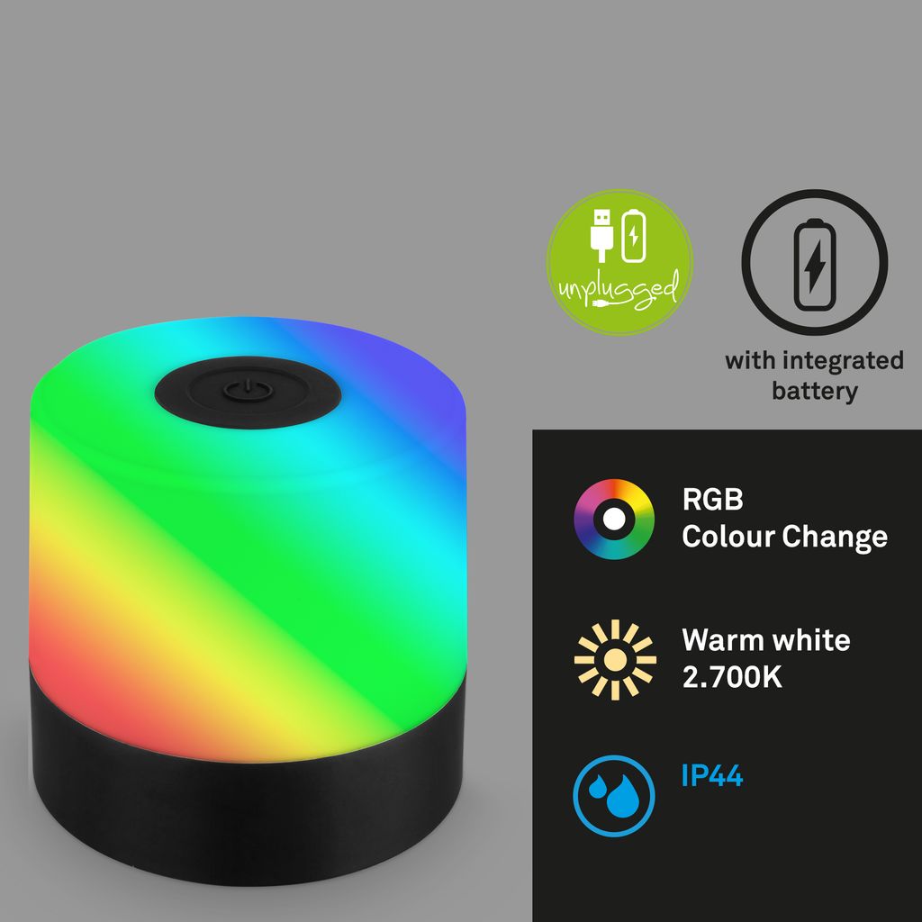 BRILONER SMAL LED Tischlampe kabellos. IP44 Spritzwasserschutz. RGB bunte Lichtfarben. Warmweißes Licht. Touchfunktion. schwarz. 7 x 7 cm 1
