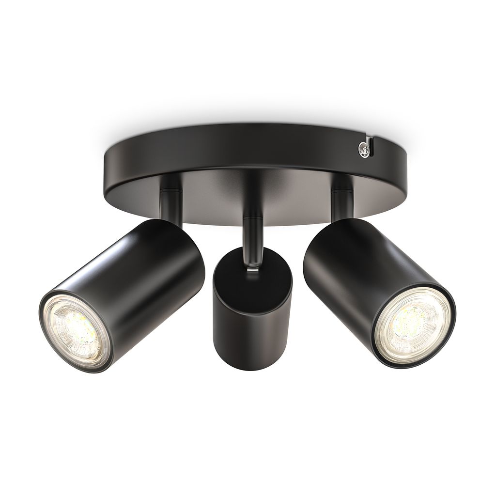 Ceiling Light, 3 Rotatable Spots, GU10 Sockets, Bulbs not Included, Spotlight for Kitchen, Dining Room & Bedroom, Black Metal Lamp, Round, 19cm/7.5in diameter, Swivel Design IP20 230V