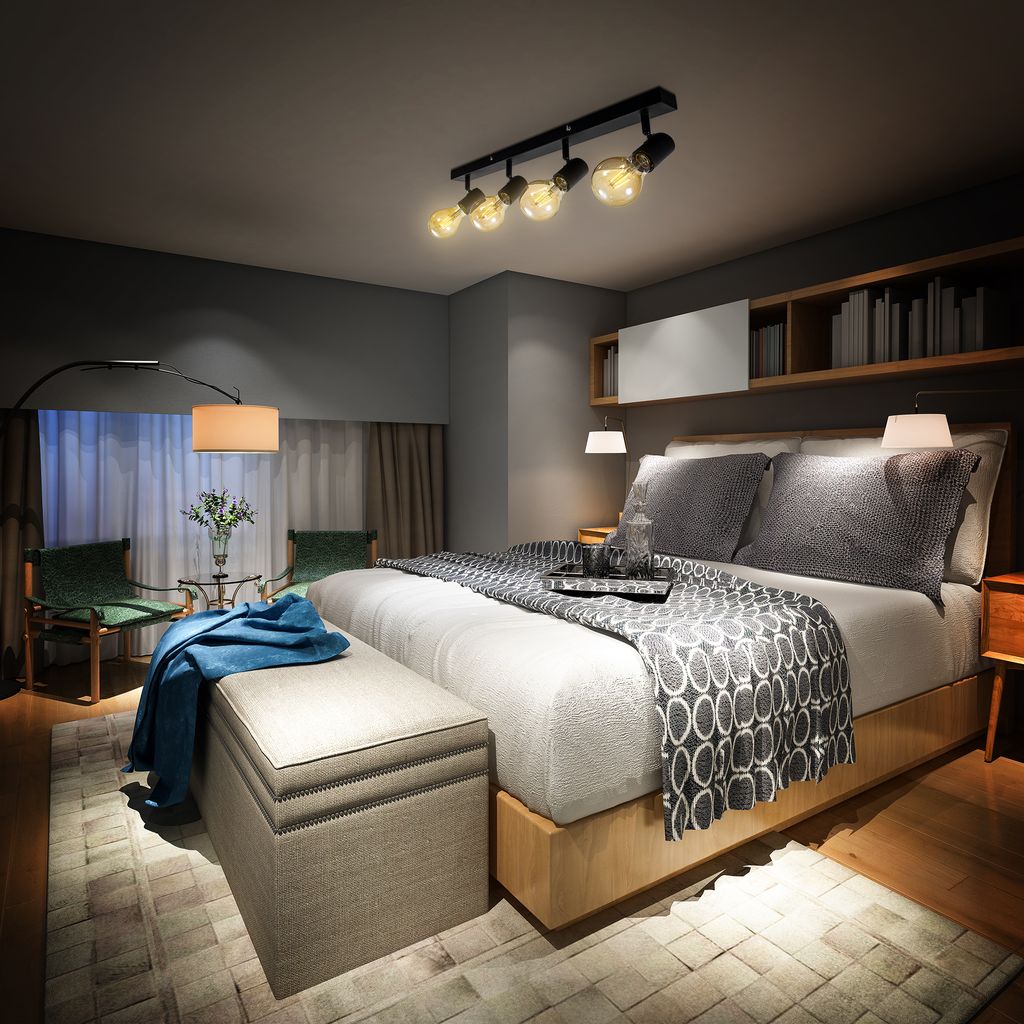 B.K.Licht Ceiling Light, 4 Rotatable Spots, E27 Socket, Bulbs not Included, Spotlight for Kitchen, Dining Room & Bedroom, Black Lamp, Metal Spot Bar, Swivel Design IP20 230V