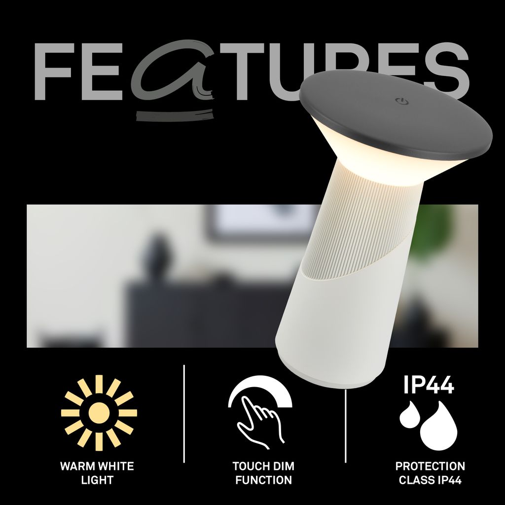 Briloner LED Tischlampe Kabellos 15x24cm 2.6W 200lm 2700K Warmweiß Dimmbar Design Award Lichtgrau - Tischleuchte Wohnzimmer Schlafzimmer Balkon 15