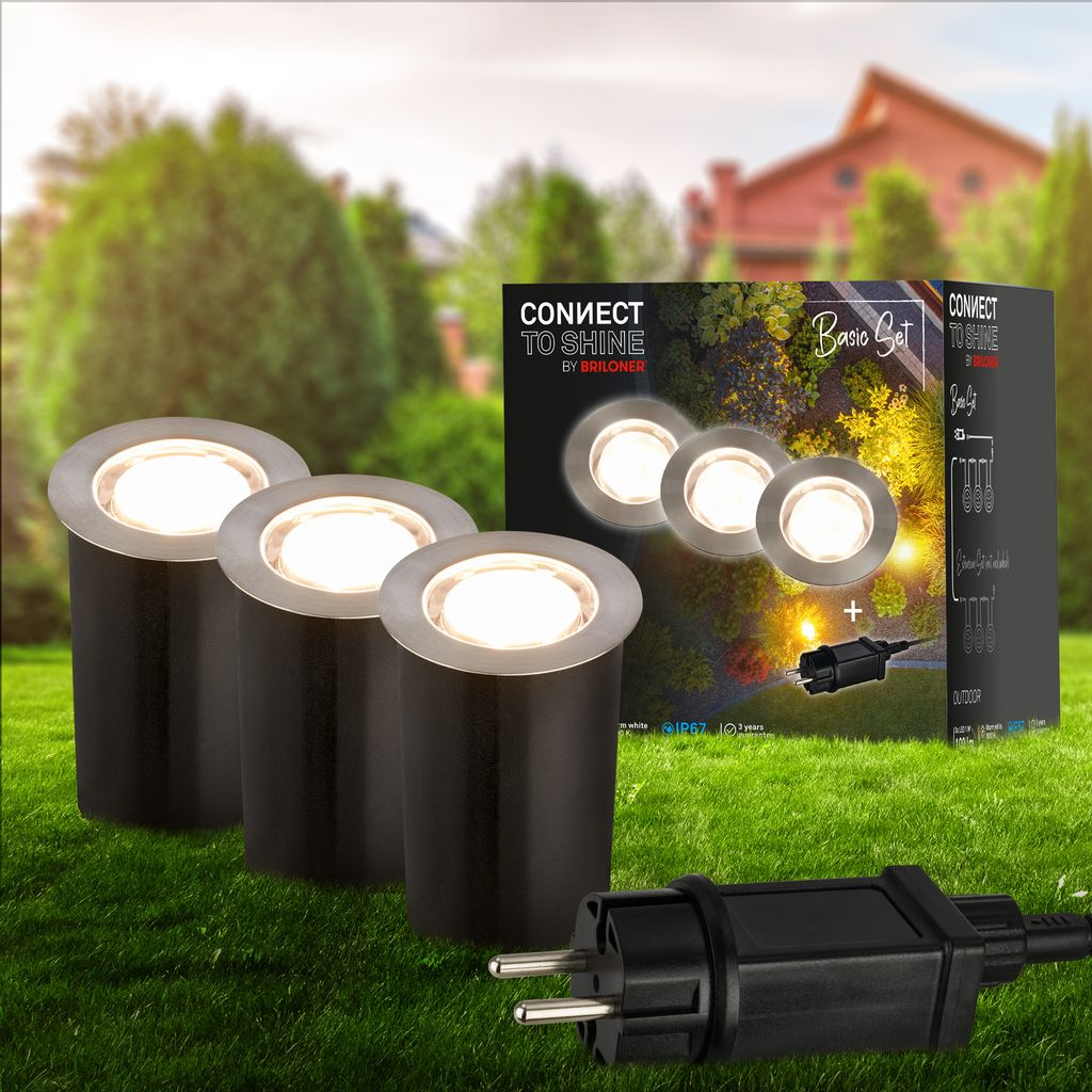 Starter-SET 12V Gartenbeleuchtung Trafo, 3x LED Boden-Einbaustrahler, IP67, Silber