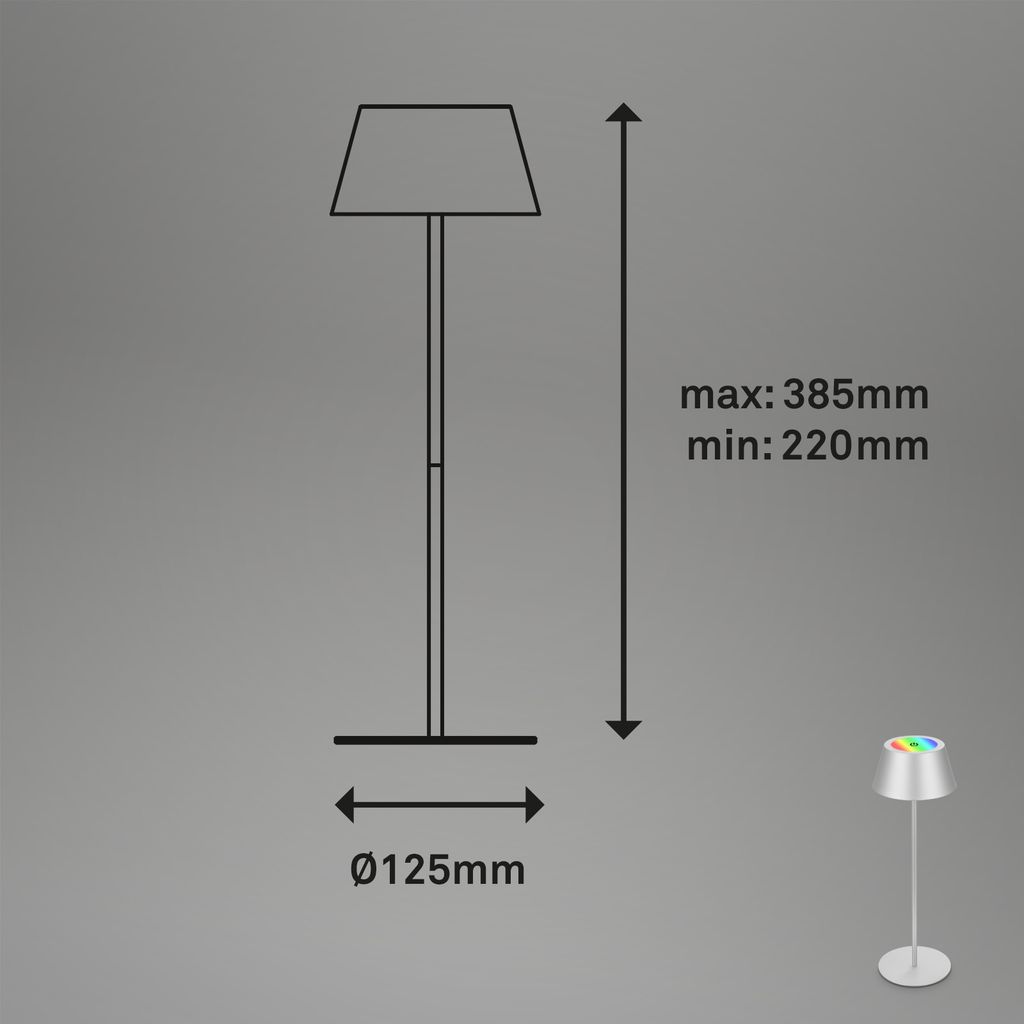 LED Akku-Tischleuchte Tischlampe höhenverstellbar IP44 silber RGB innen außen 8