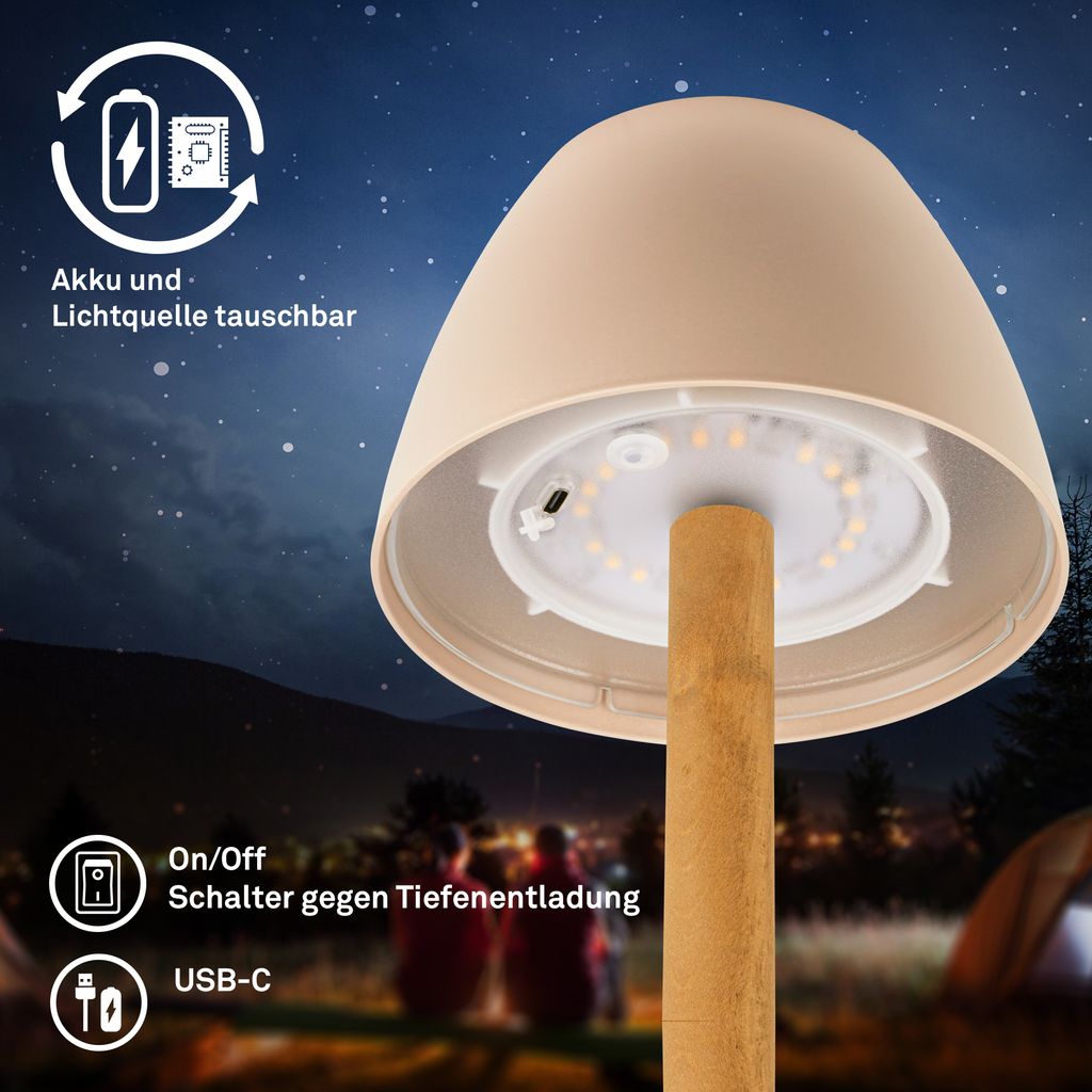 Serina Wood Rechargeable Table Lamp - 2.5W, 200lm, Cordless, LED, Touch, Dimmable, Beige-Wood