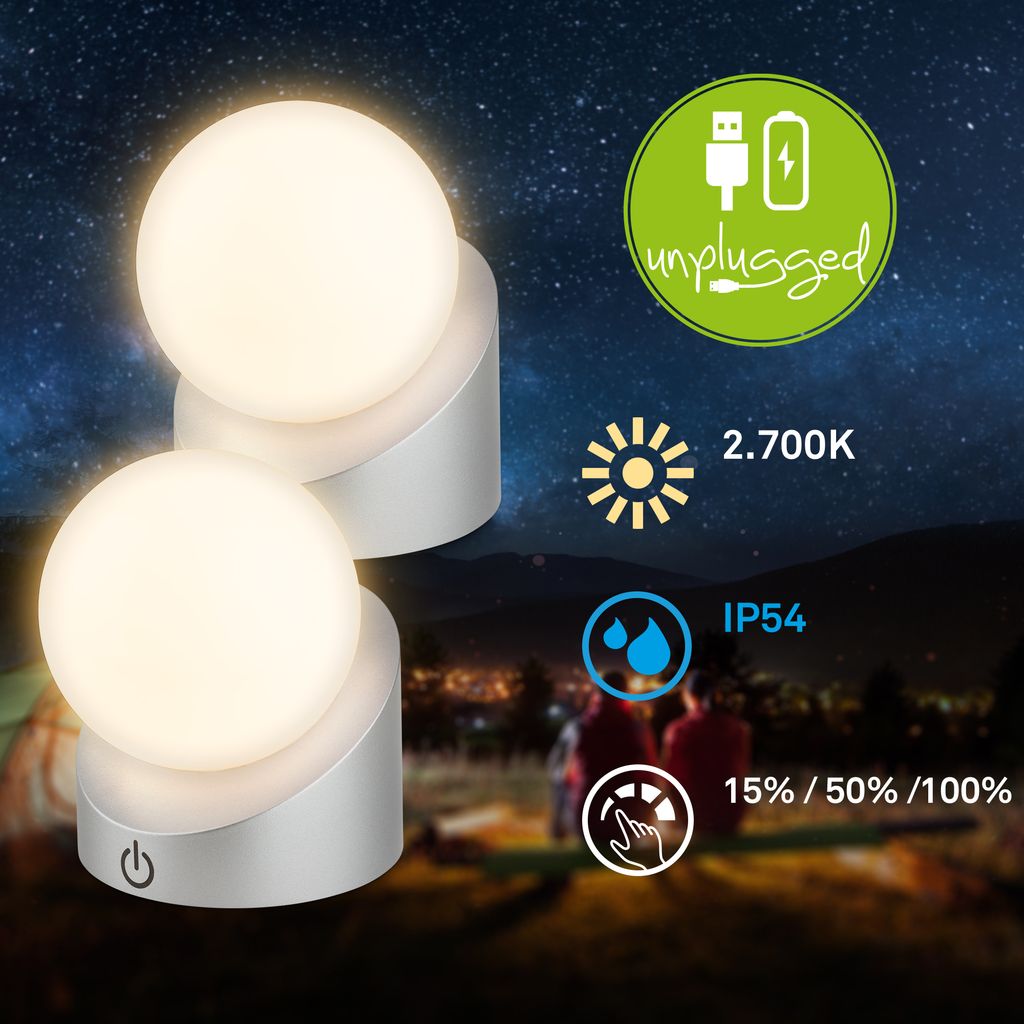 Sora Mini LED Tischlampe kabellos IP54, Dimmbar, Touch, 2er Set, Chrom-Matt