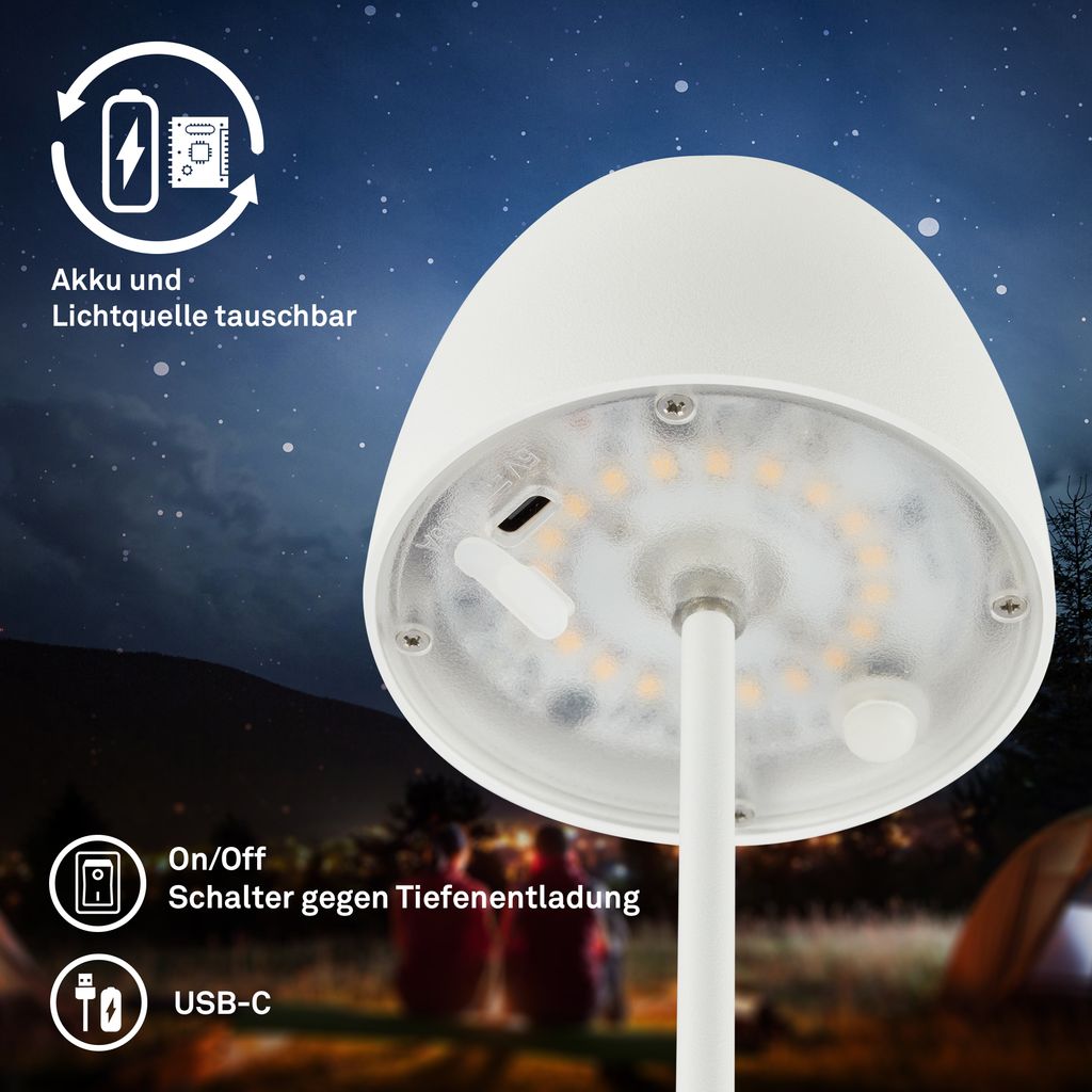 Briloner Serina Mini LED Tischlampe kabellos IP44, Dimmbar, Ladestation, Weiß