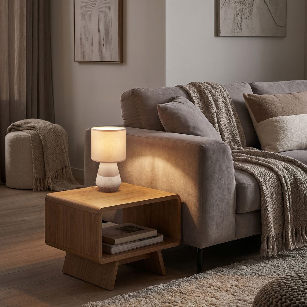 Linda Tischlampe - mit Schalter, Keramik, E14 Fassung, Beige-Holzoptik