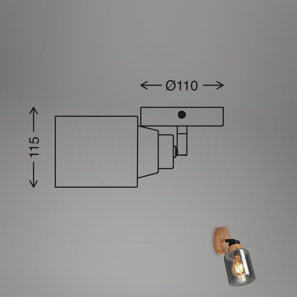 Wall Light E27, Adjustable Smoked Glass & Wood, Metal, Matt Black