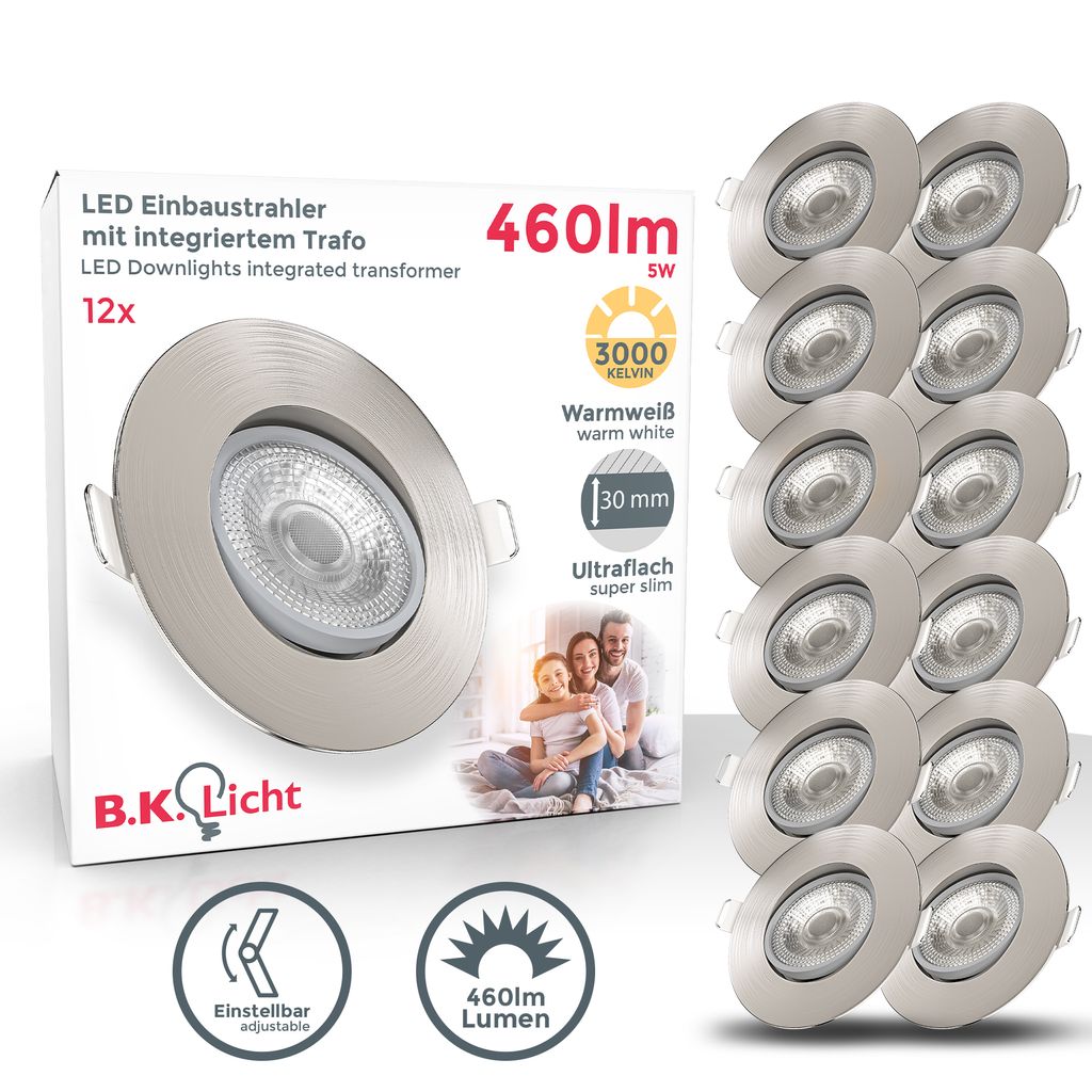 Einbaustrahler 68mm 12er Set - 230V, 4,9W, 480lm, LED, warmweiß, matt-nickel