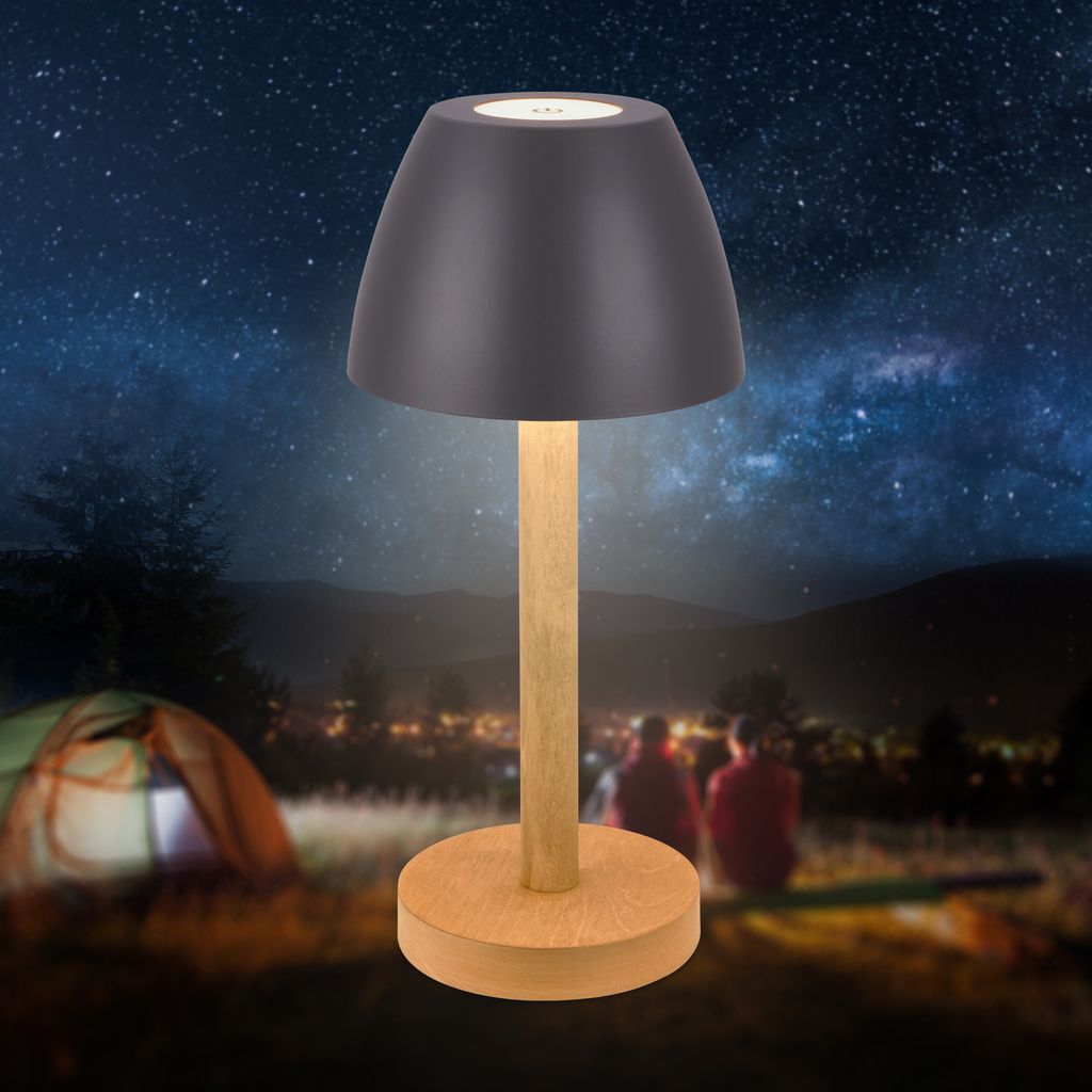 Serina Wood Rechargeable Table Lamp - 2.5W, 200lm, Cordless, LED, Touch, Dimmable, Anthracite-Wood