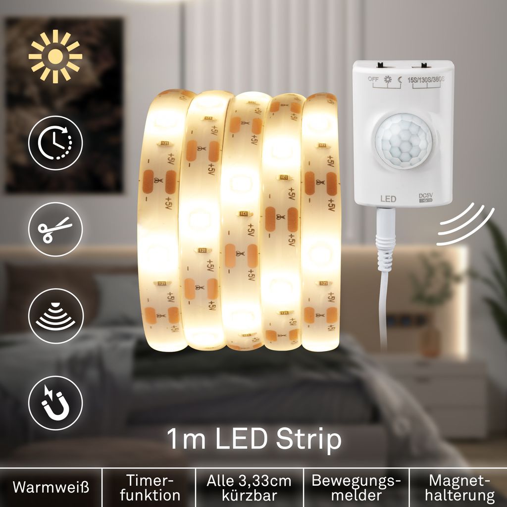 LED Streifen 1m - mit Bewegungsmelder, Akku, Warmweiß, Weiß