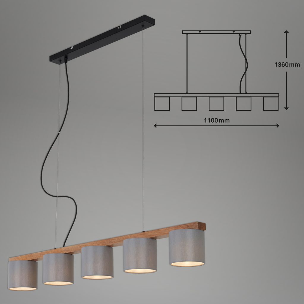Pendelleuchte Hängelampe 5-flammig E14 max.25Watt Metall-Holz-Grau Briloner 21