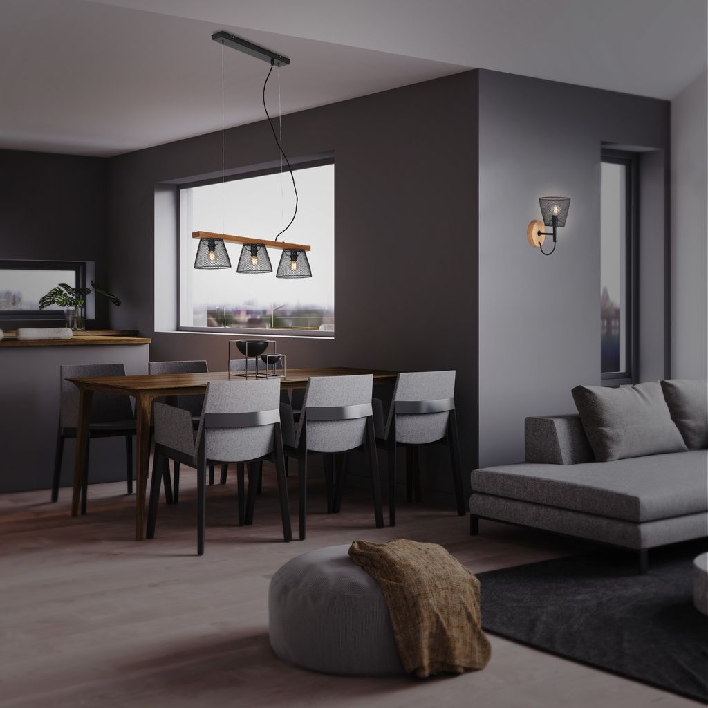 Pendelleuchte Hängelampe retro Gitteroptik 3x E14 25 W Metall-Holz Briloner 9