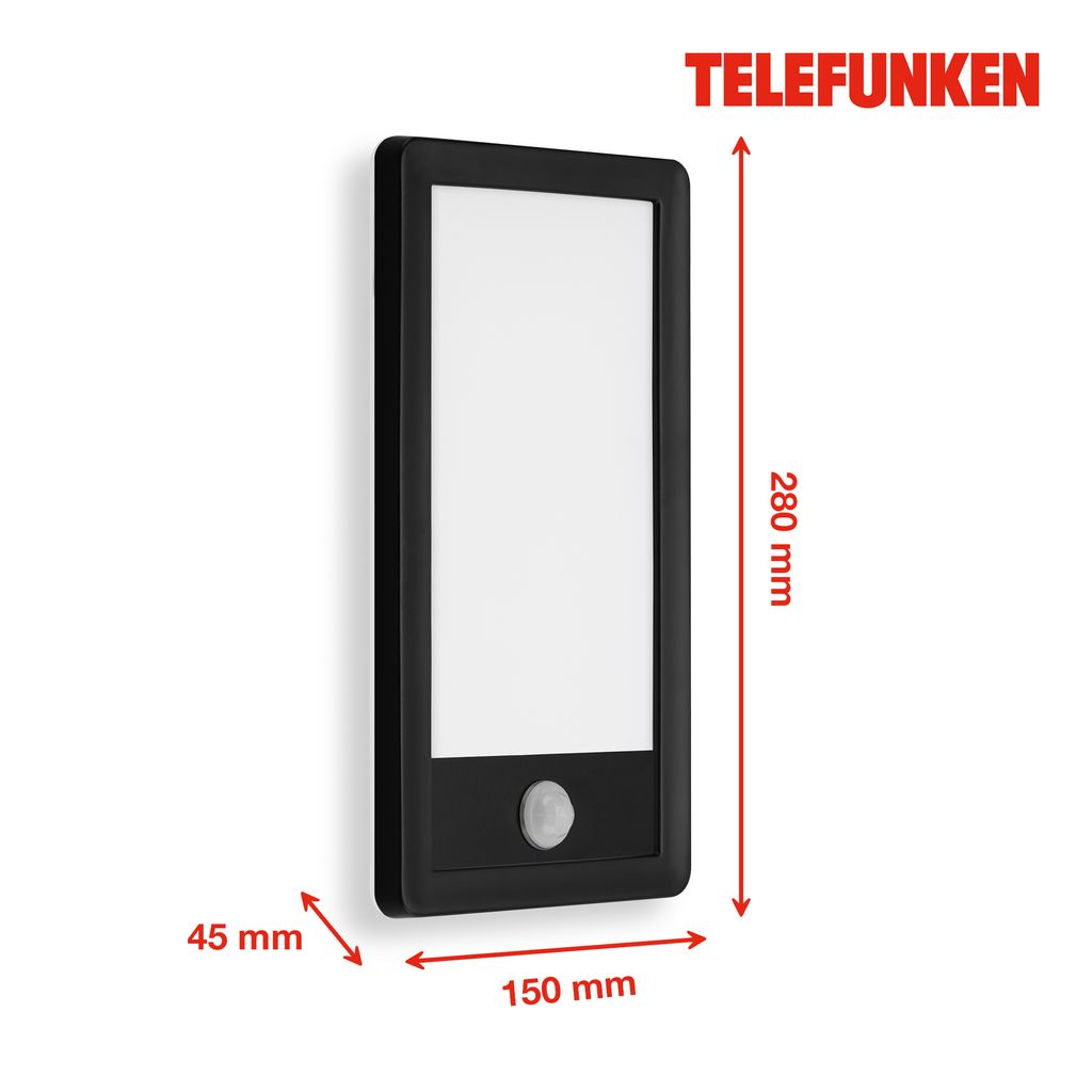 Sensore a LED Telefunken Lampada da parete da esterno, 28 cm, 16 W, nero