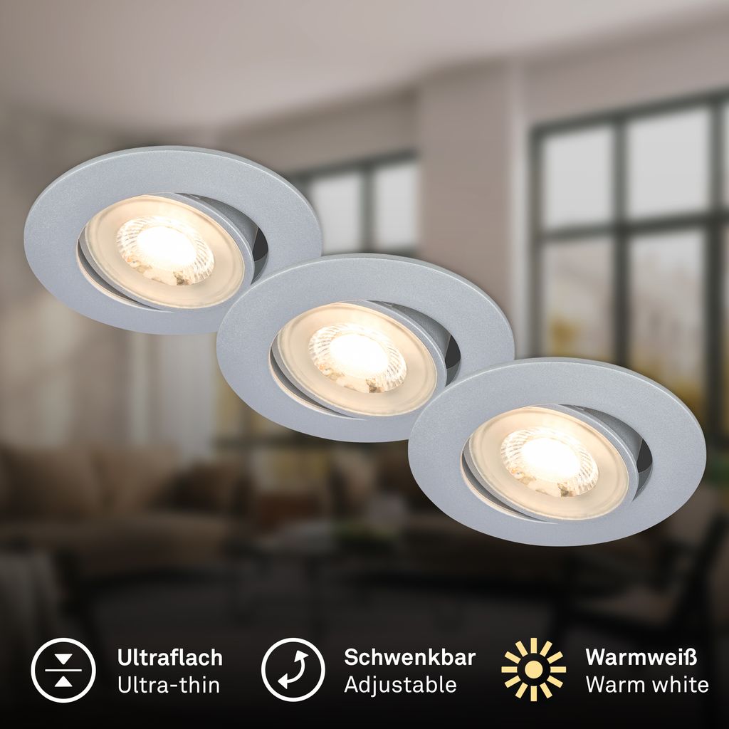 Show LED Recessed Spotlights 68mm, Set of 3 - 230V, 4.9W, 480lm, LED, Warm White, Matt Chrome
