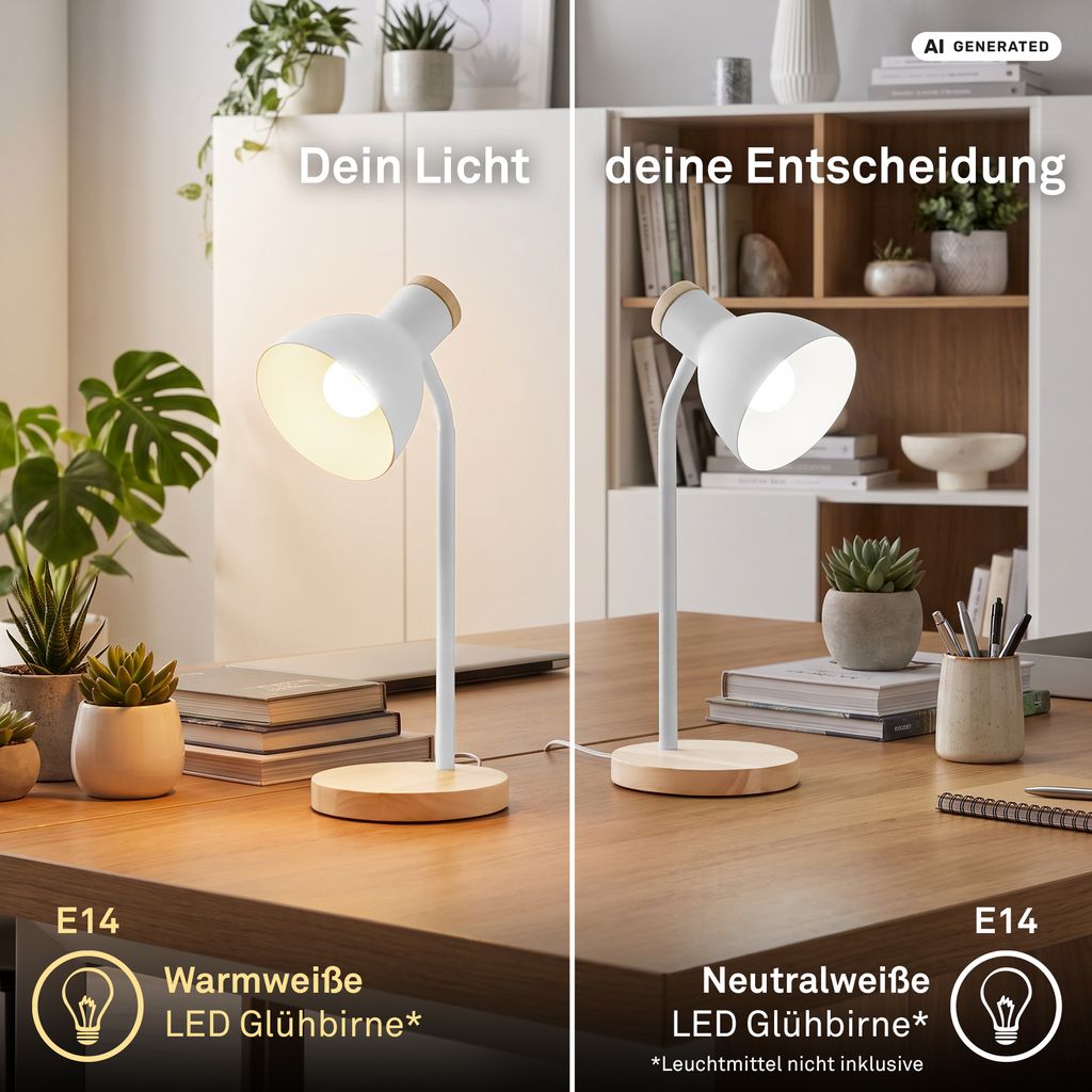 Prep Tischlampe - mit Schalter, E14 Fassung, max. 10W, Weiß-Holz