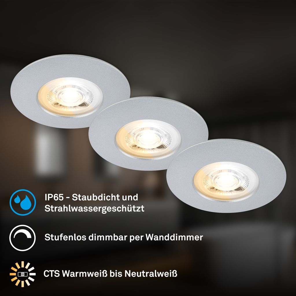 Dimara LED Einbaustrahler 68mm 3er Set - 230V, 4,9W, 460lm, CTS Schalter, Dimmbar, IP65, Chrom-matt