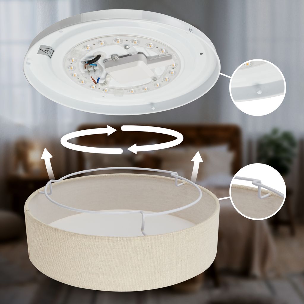 Duck Deckenlampe Ø30 cm - 16W, 1800lm, LED, Warmweiß, Stoffschirm, Beige
