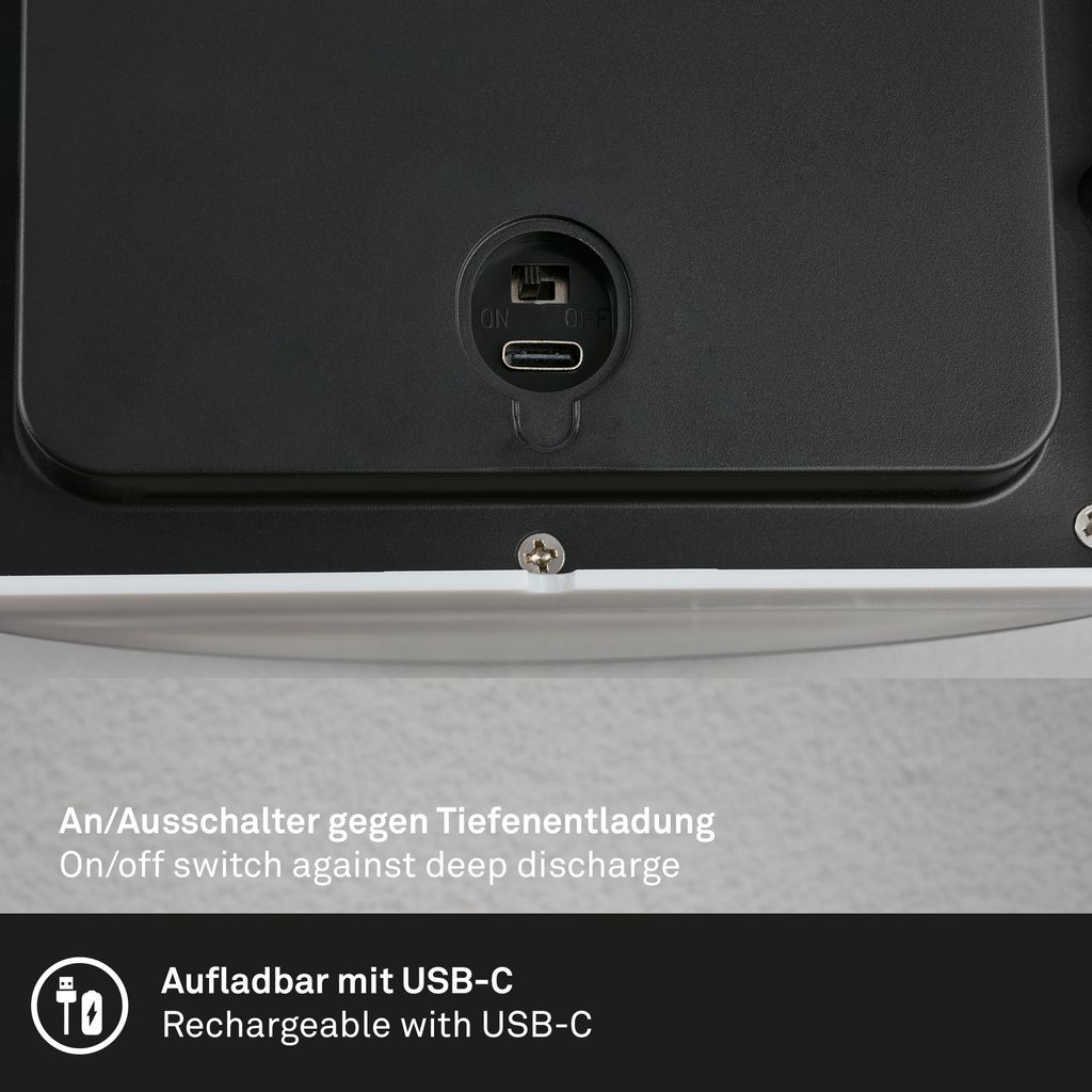 LED Wandlampe Akku, Aussen, Bewegungsmelder, Dämmerungssensor, IP44, Schwarz