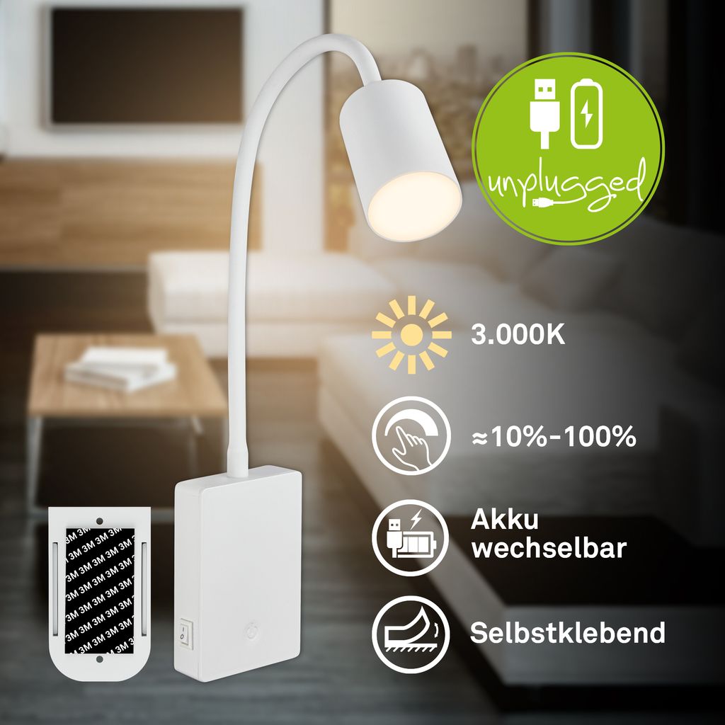 Smooth Reading Lamp - 2W, 150lm, Rechargeable Battery, LED, Dimmable, White