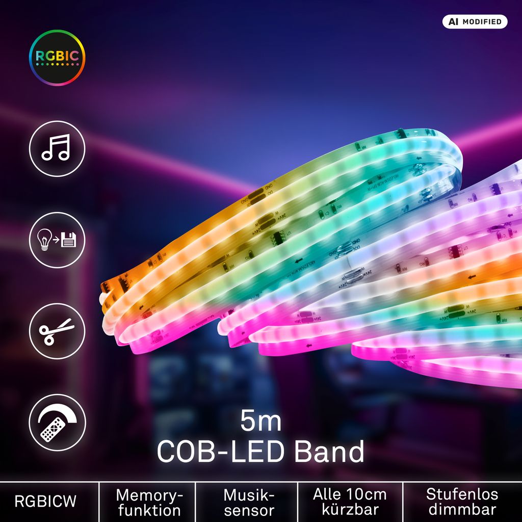 COB LED Streifen 5 m - Dimmbar, Fernbedienung, Warmweiß, RGBIC Farbwechsel, Weiß
