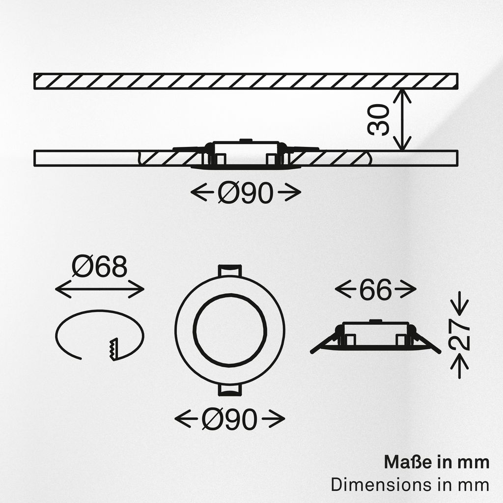 Dimara LED Einbaustrahler 68mm 3er Set - 230V, 4,9W, 460lm, CTS Schalter, IP65, Chrom-matt
