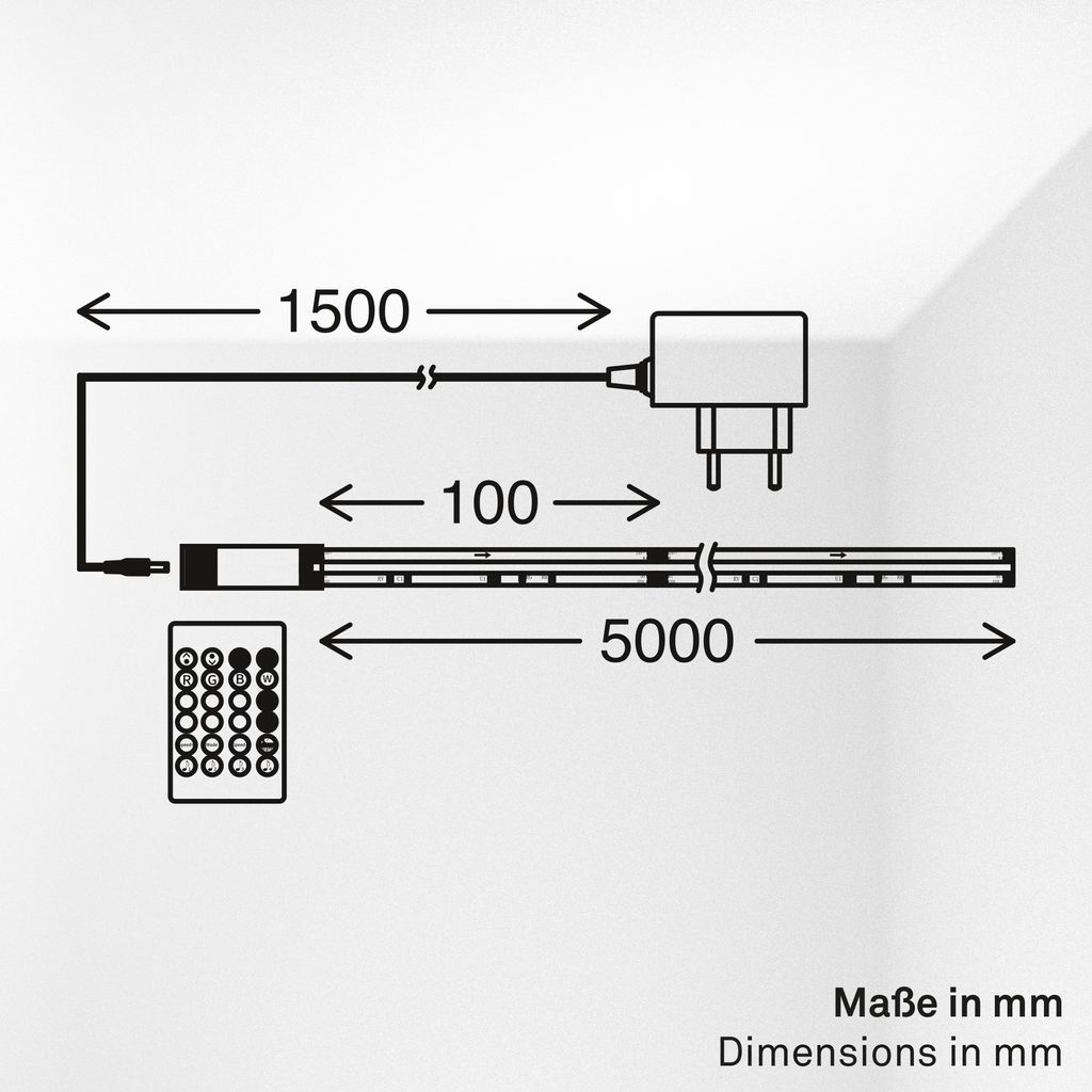 COB LED Streifen 5 m - Dimmbar, Fernbedienung, Warmweiß, RGBIC Farbwechsel, Weiß
