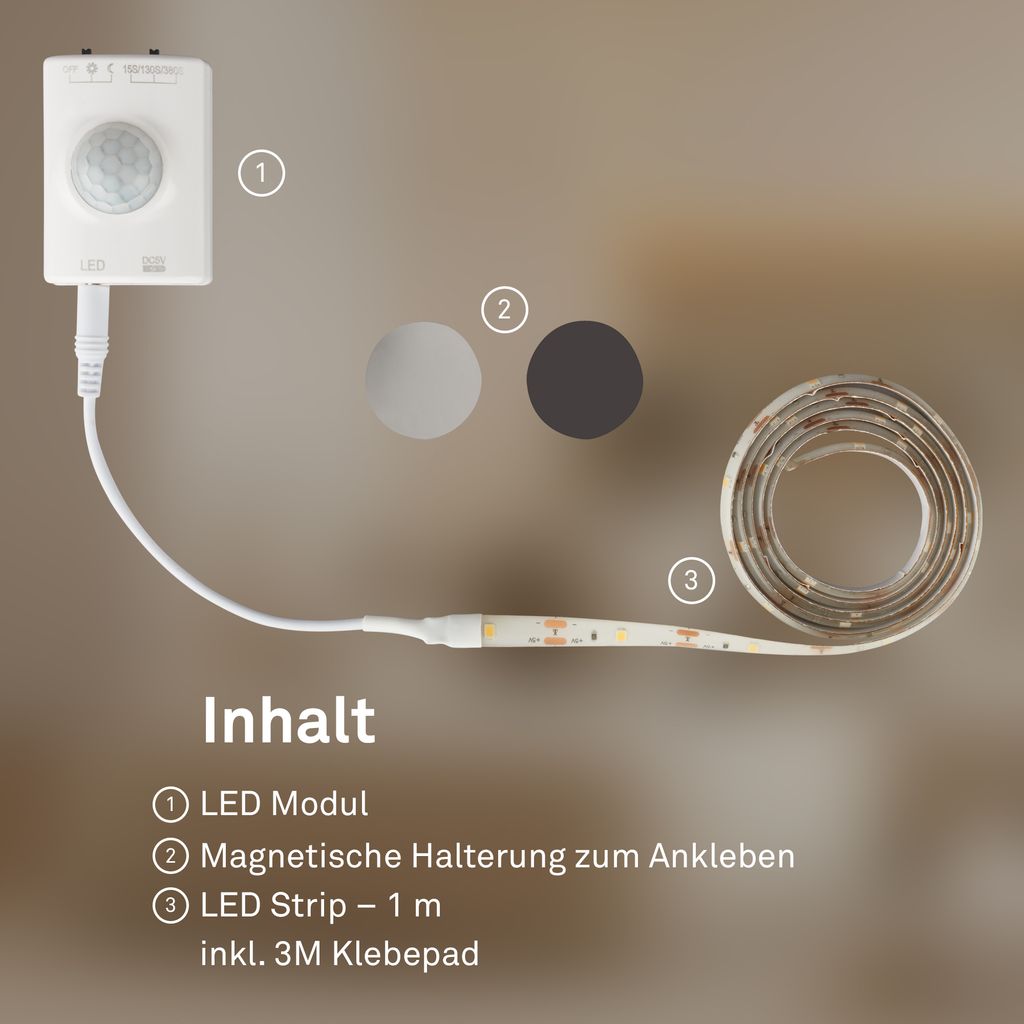LED Streifen 1m - mit Bewegungsmelder, Akku, Warmweiß, Weiß