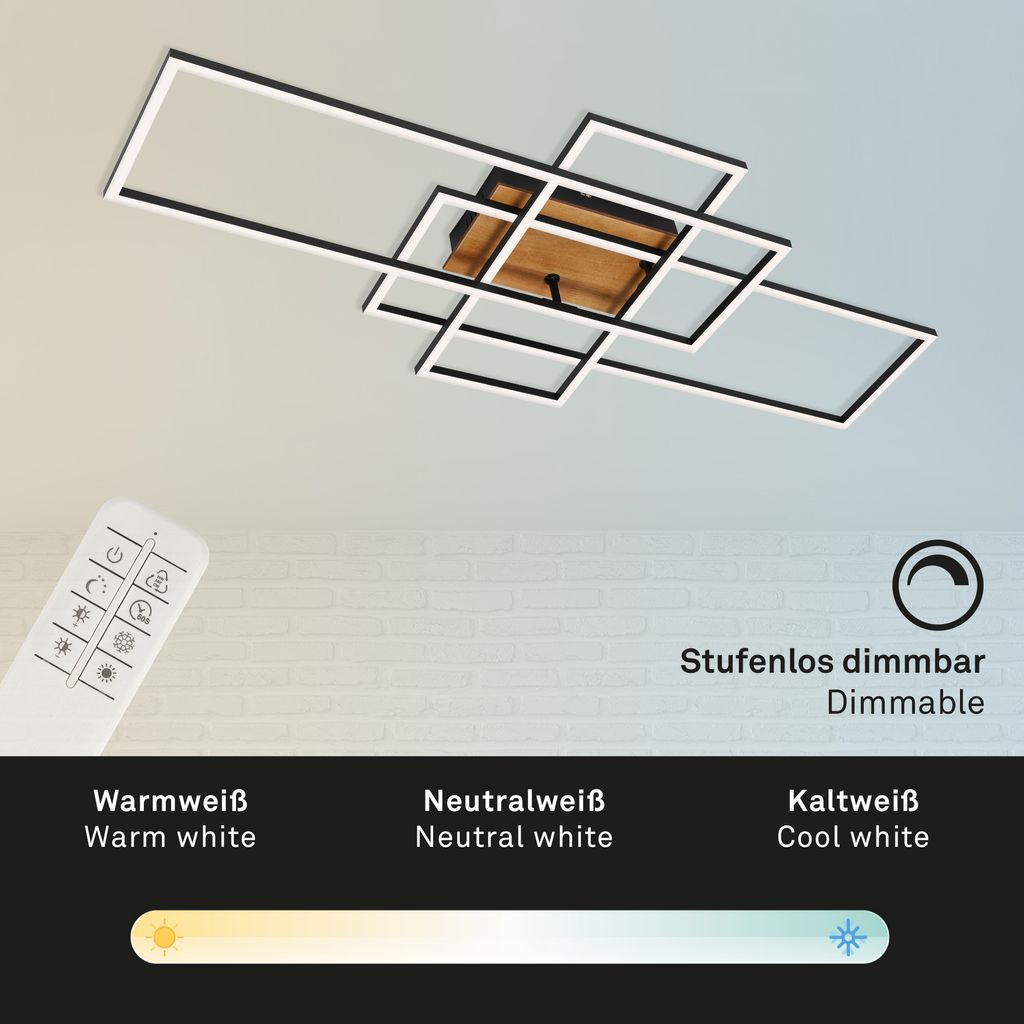 Frame LED ceiling light, dimmable, CCT, remote control, wood-metal colour