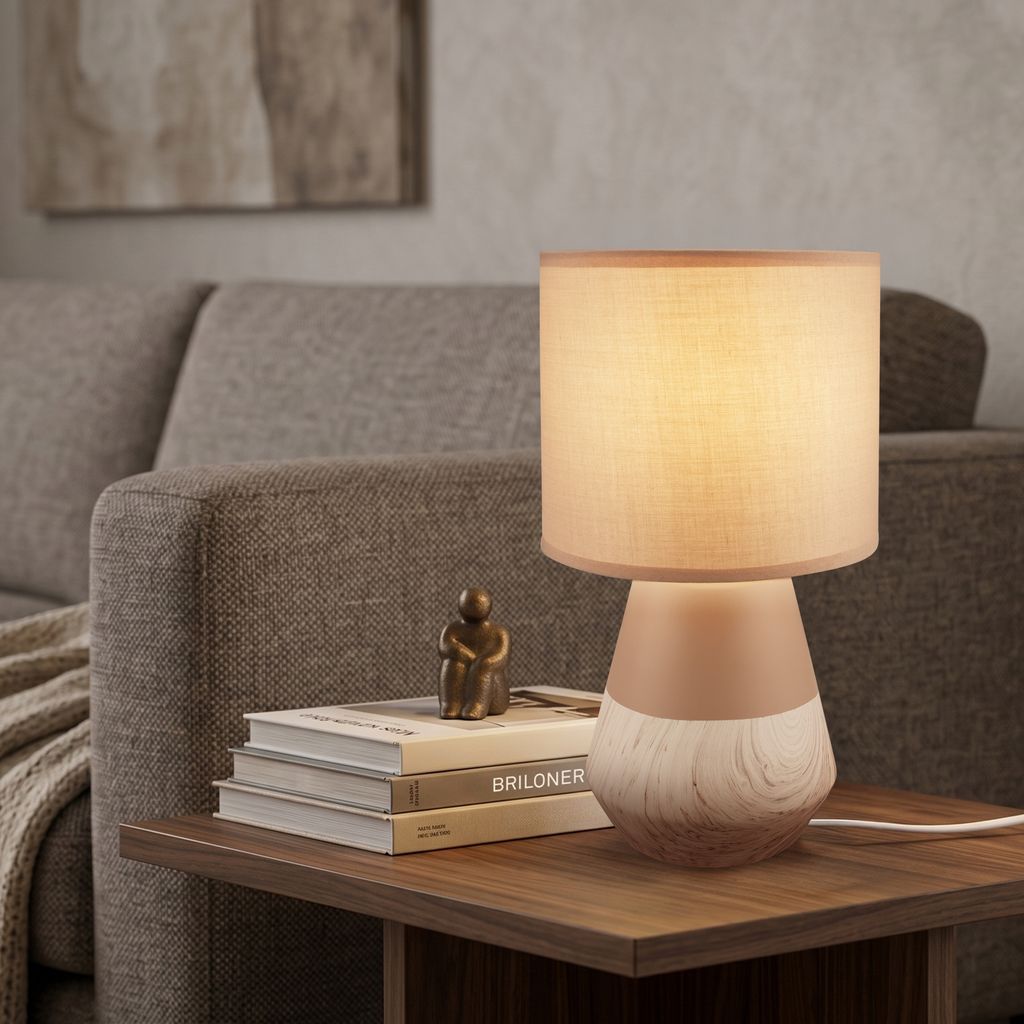 Linda Tischlampe - mit Schalter, Keramik, E14 Fassung, Beige-Holzoptik