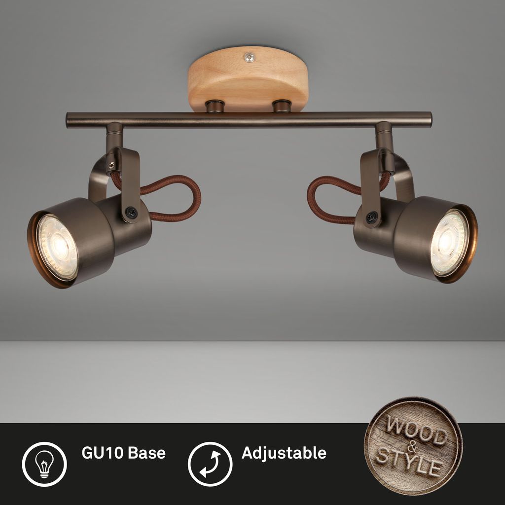 LED Retro Deckenstrahler ? 2-flammig, schwenkbar, 2x GU10 5W, Holz & Metall, Grau