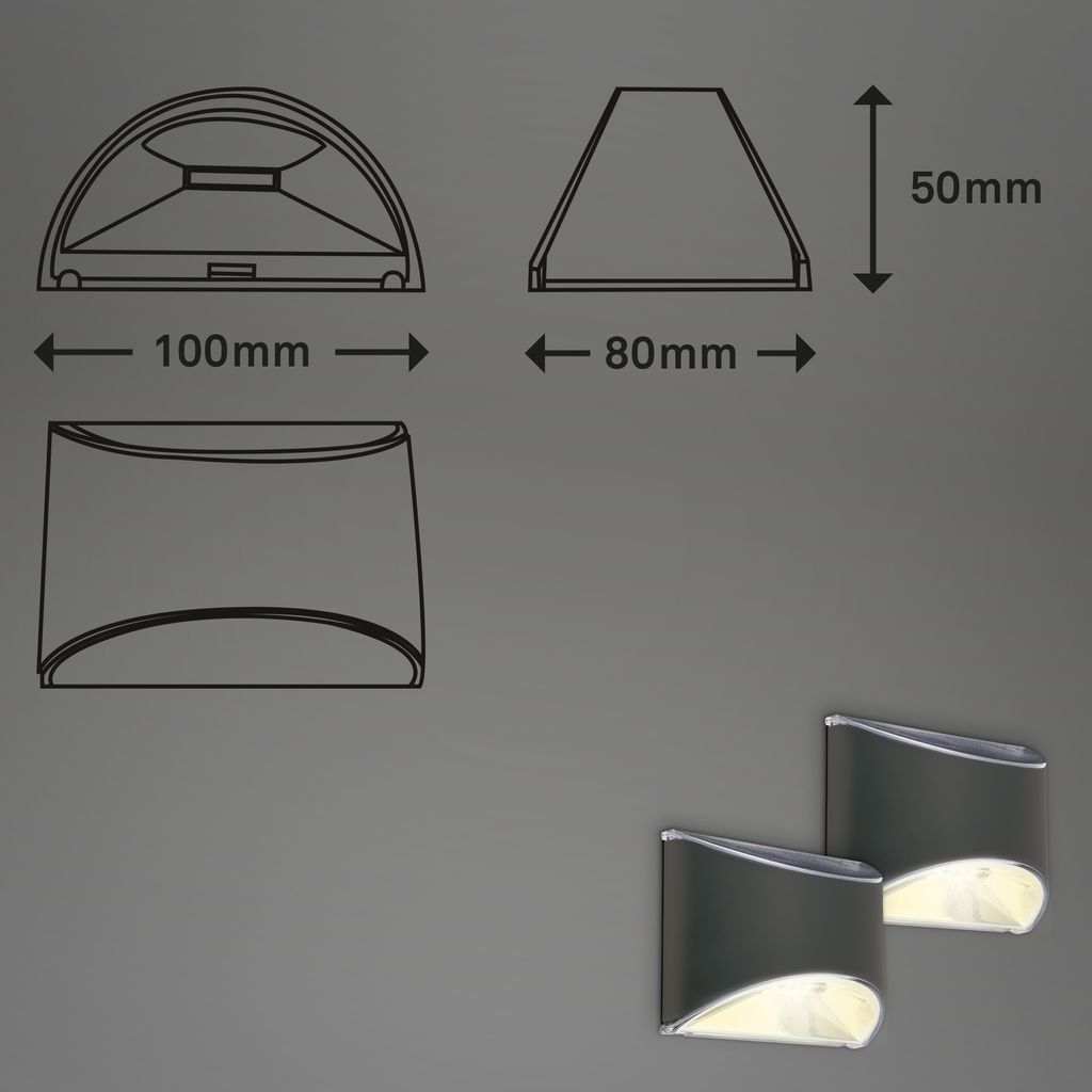 2er Set Solar LED Wandleuchte, 10 cm, anthrazit
