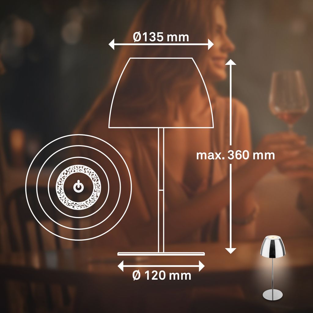 Briloner Serina LED Tischlampe kabellos IP44. Dimmbar. Touch. Kabellos. Spritzwasserschutz. Chrom. Ø13.5 x 36 cm 9
