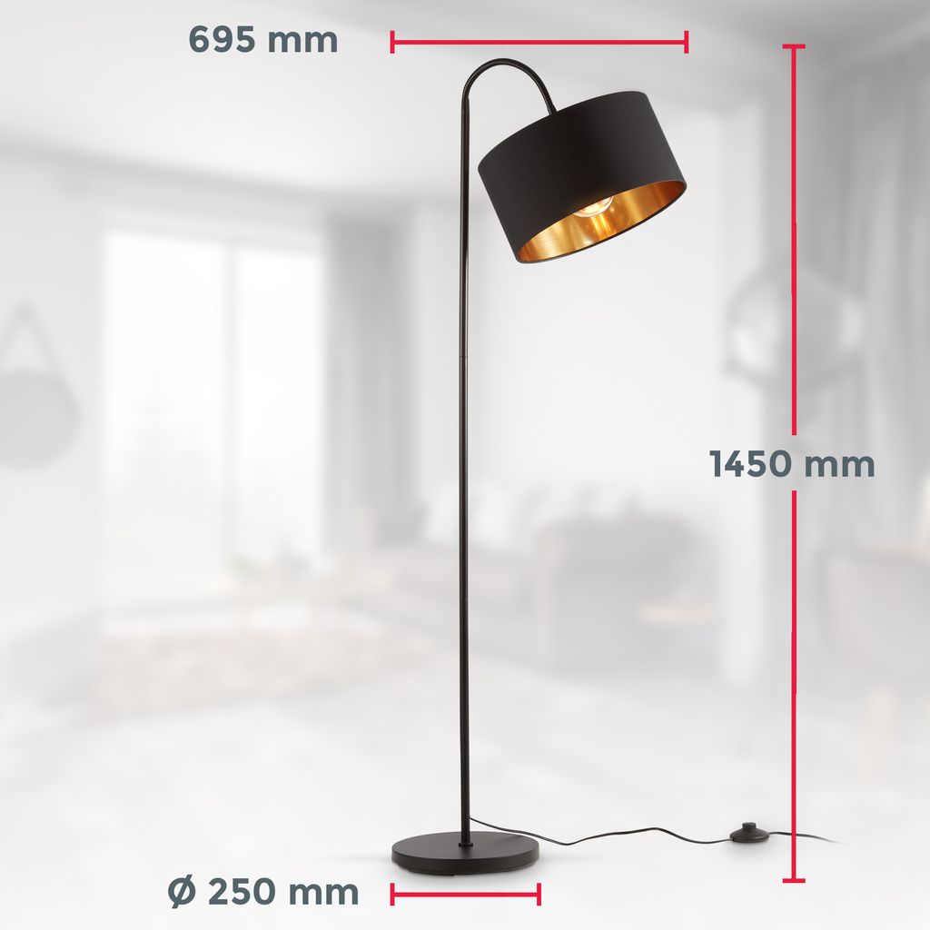 Stehlampe - Schalter, schwenkbar, Stoffschirm, E27 Fassung, Schwarz