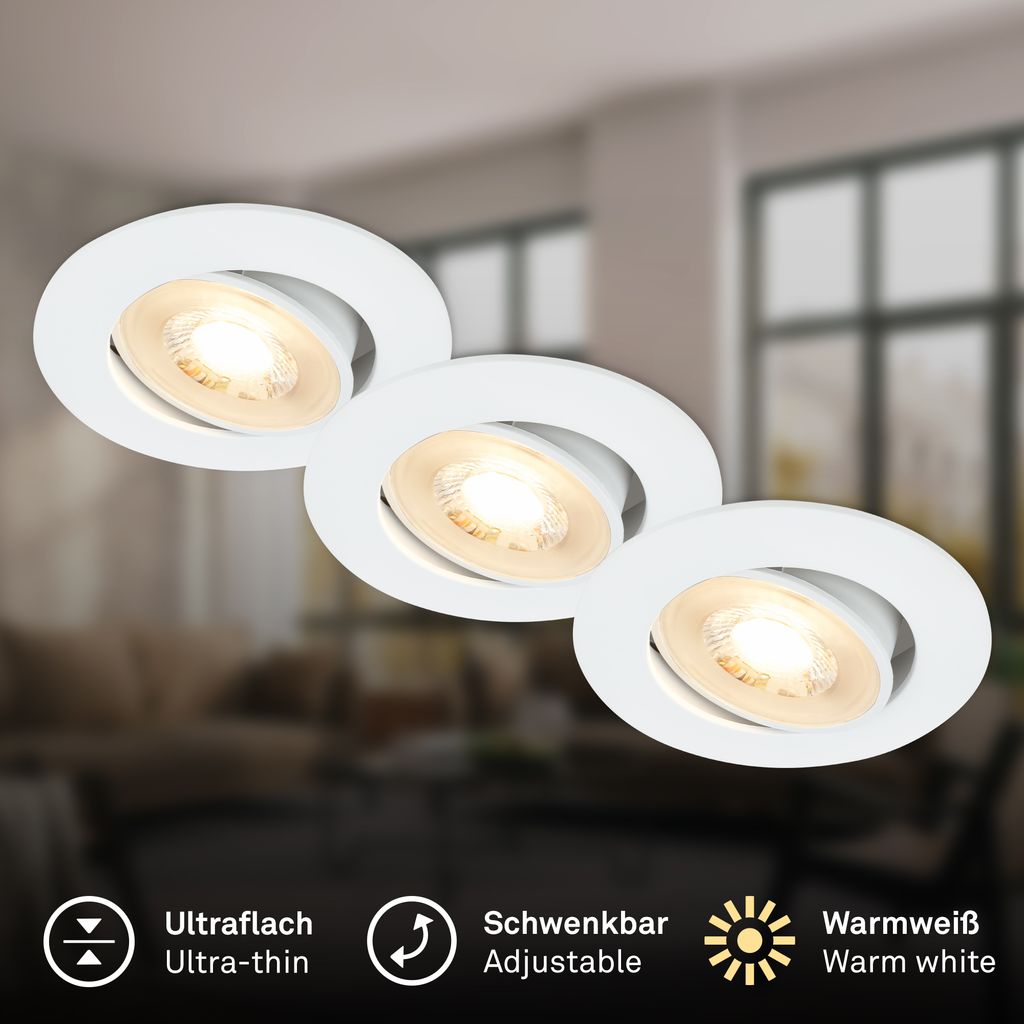 Show Einbaustrahler 68mm 3er Set - 230V, 4,9W, 480lm, LED, Warmweiß, Weiß