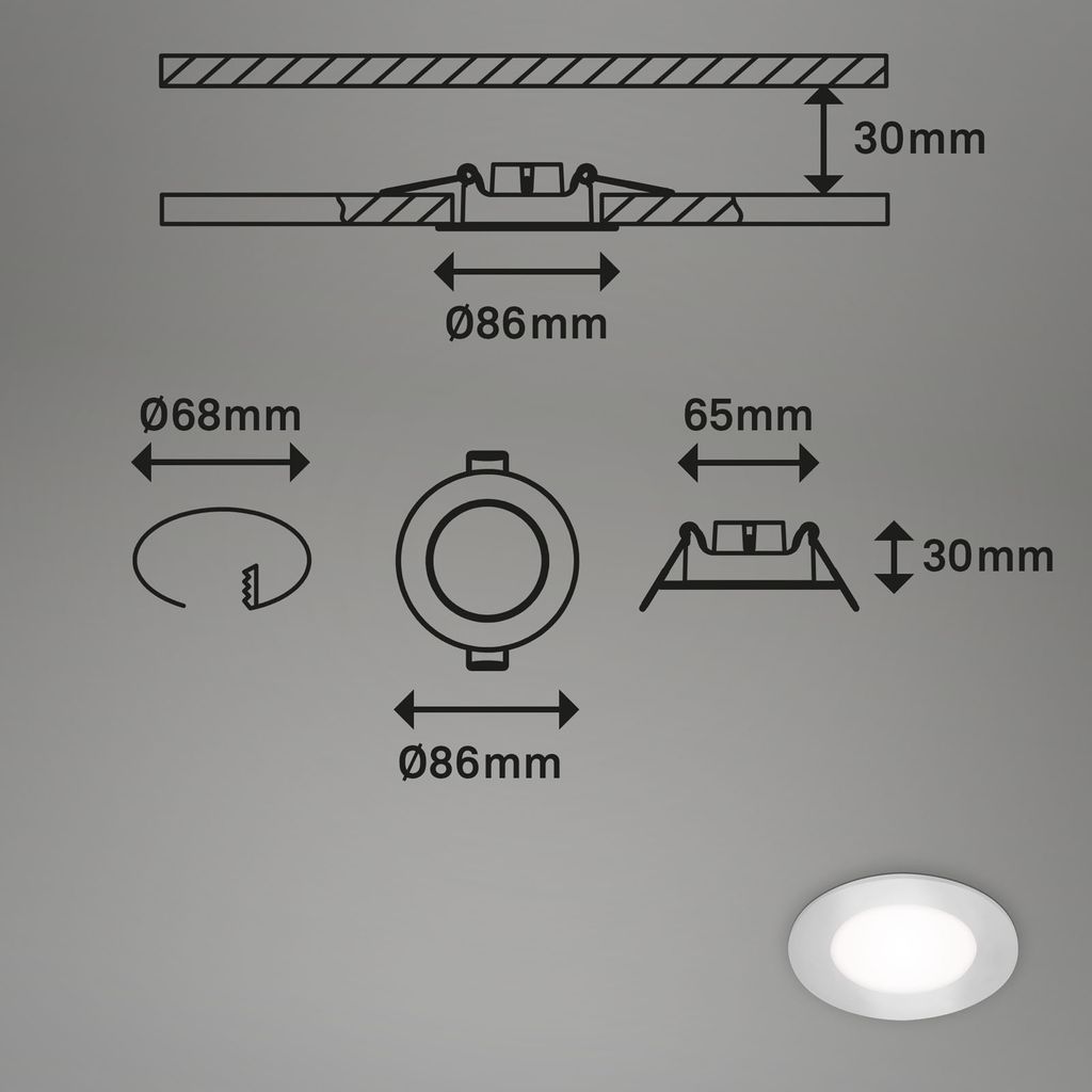 SLANK LED recessed spots set of 3 IP65 I plastic / chrome-matt I incl. 3 x LED-platine 3W 350lm 4.000K I lifetime 20.000h, Ra>=80 I not dimmable I IP65 I 86x30mm (DxH) I installation dimension: 68x30mm (DxH)