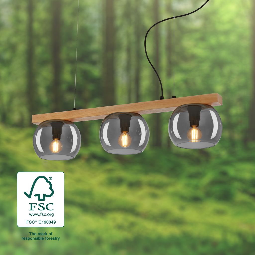 Briloner Leuchten KYRO Pendelleuchte 3x E14 Dimmbar Metall-Glas-Holz Holzfarben-Smoke 4