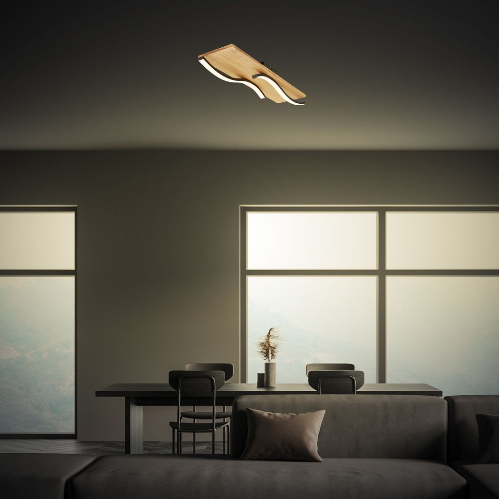 Vinka LED Deckenlampe, wellenform, Holzdekor, warmweißes Licht, Schwarz-Holz, 55cm Länge