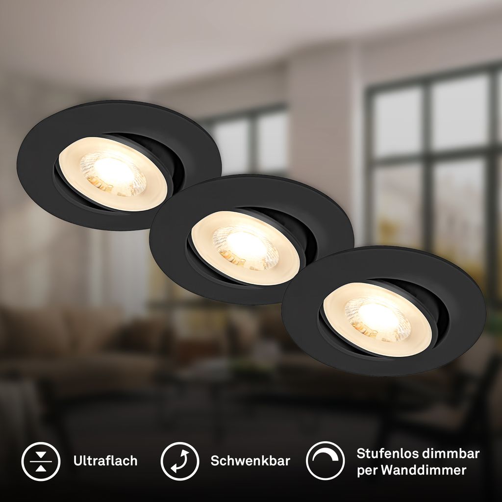 Show LED Einbaustrahler 68mm 3er Set - 230V, 4,9W, 480lm, LED, Dimmbar, Warmweiß, Schwarz
