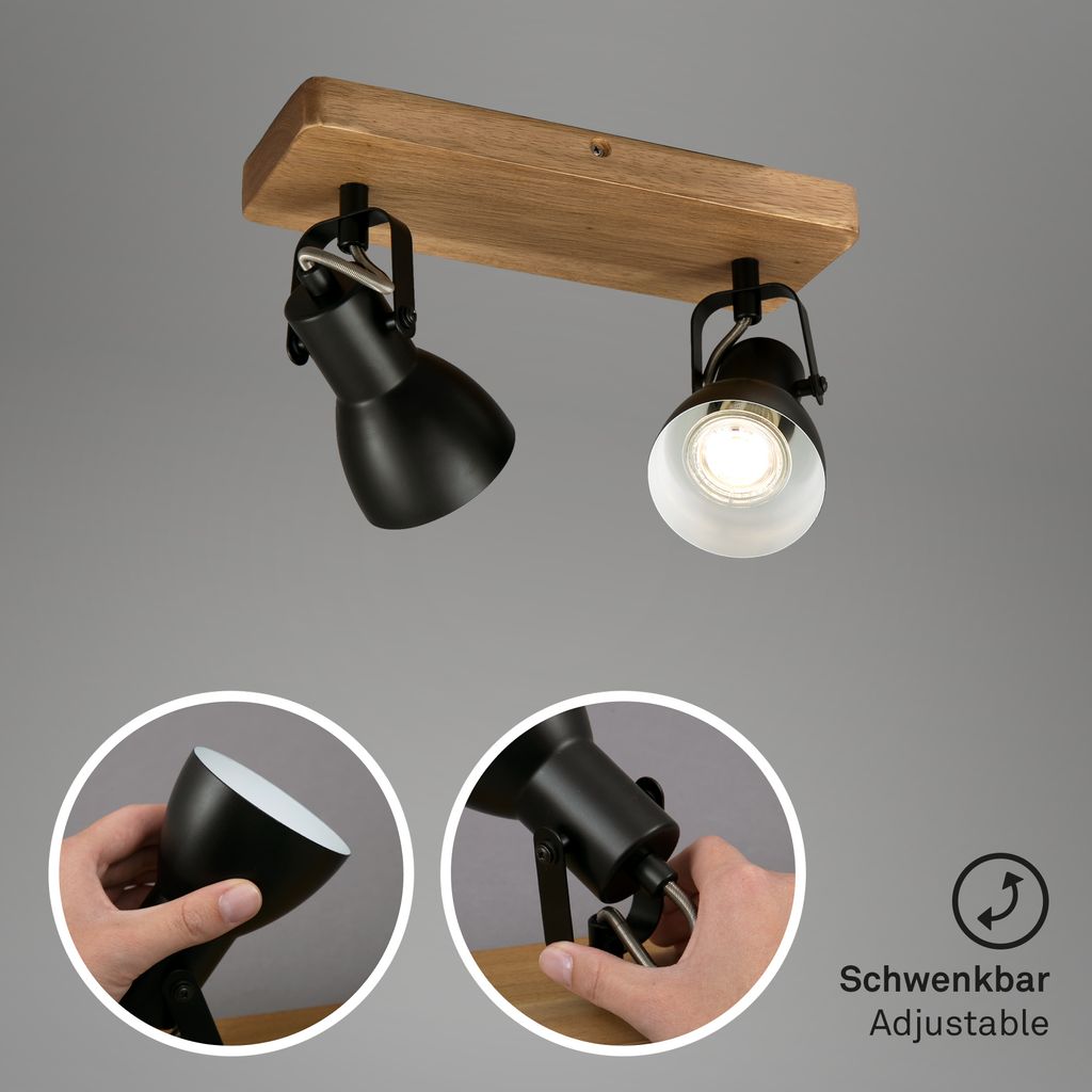 Briloner Arbo Deckenspot, schwenkbar, Holzbasis, 2-flammig, Schwarz-Weiß