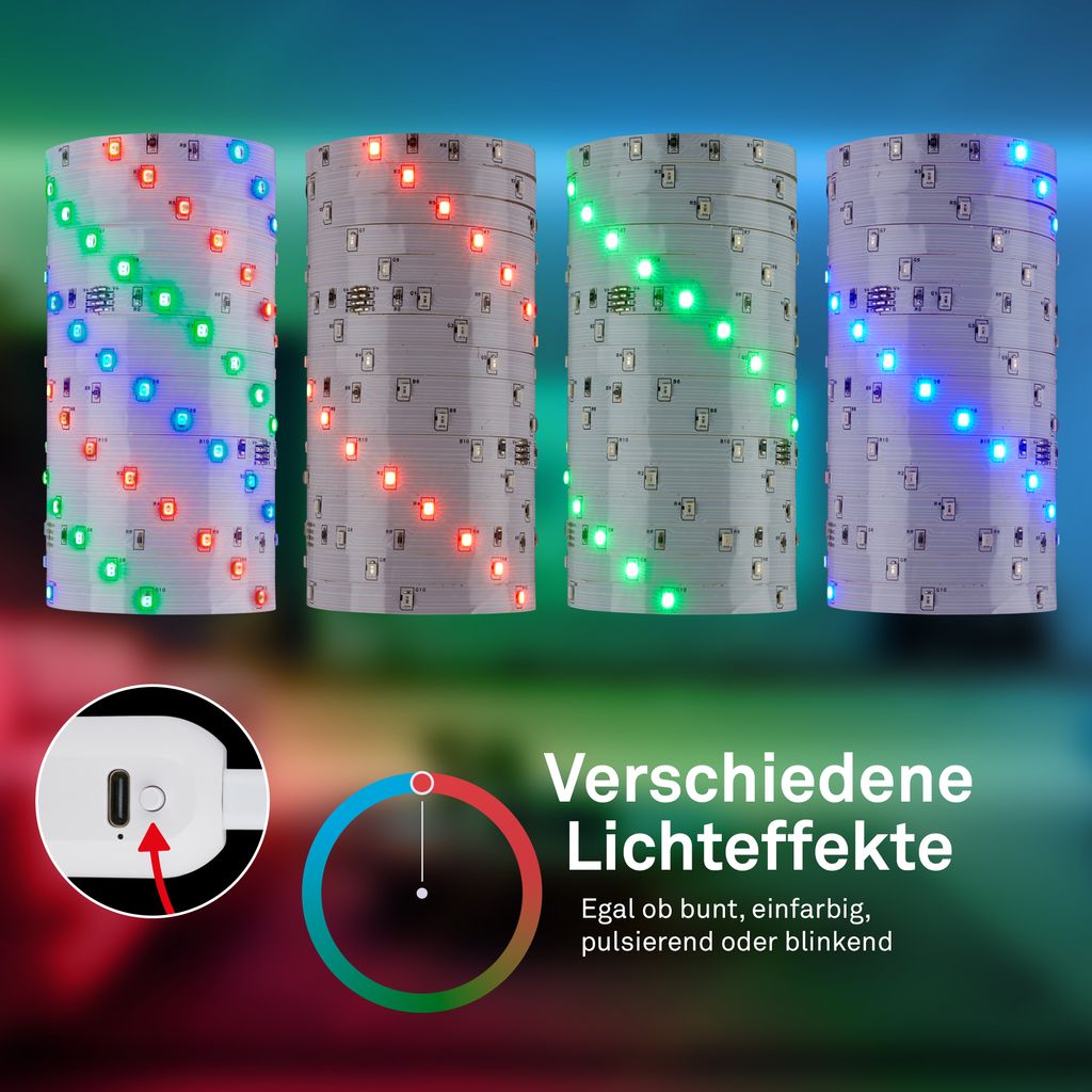 LED Streifen 3m - RGB, Akku, Selbstklebend, Weiß