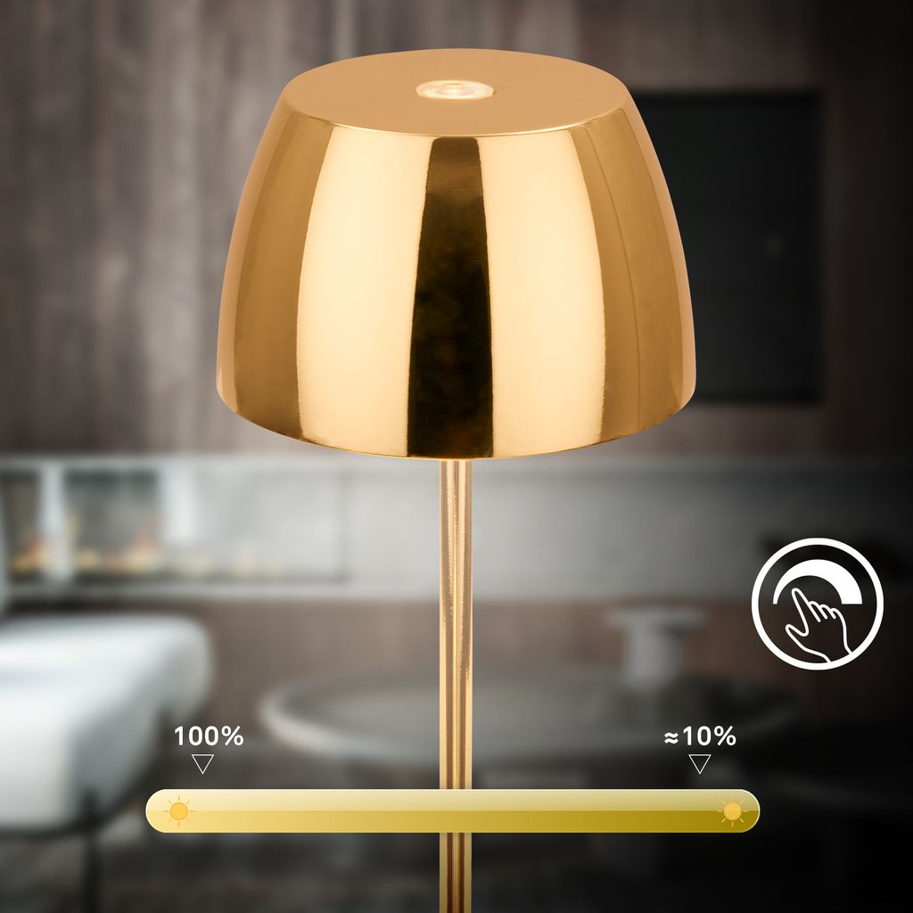 Serina Mini LED Tischlampe kabellos IP44, Dimmbar, Touch, 2er Set, Goldfarbig
