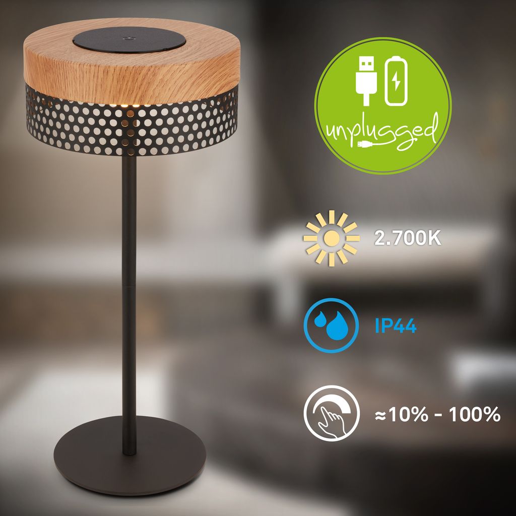 Briloner Booha LED Tischlampe kabellos IP44. Dimmbar. Touch. Akku. Spritzwasserschutz. Schwarz-Holz. Ø16 x 35 cm 1