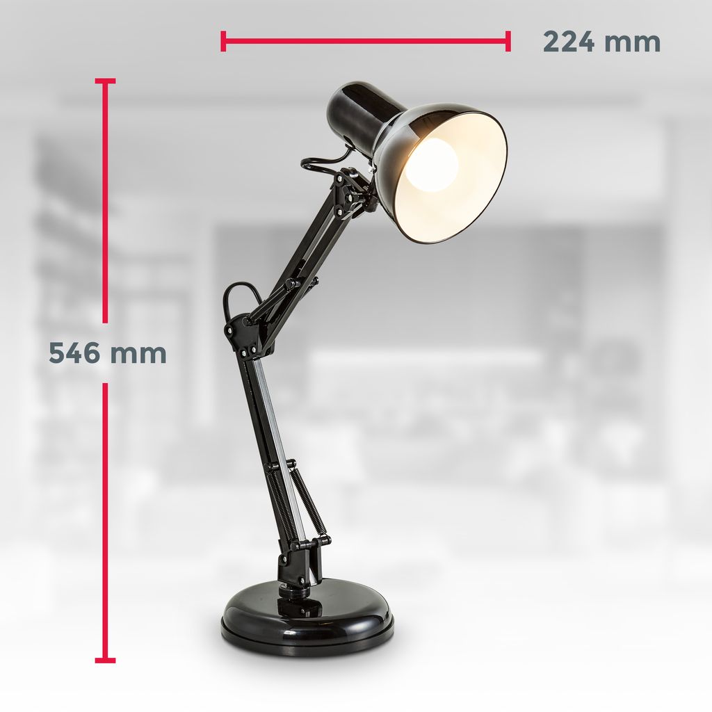 Schreibtischlampe - mit Stecker, Schalter, schwenkbar, E14, schwarz