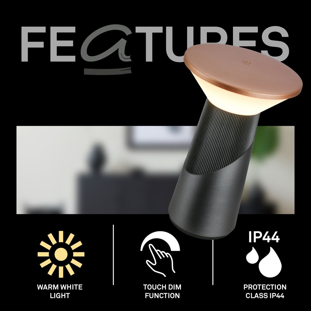 Pilia Table Lamp - 2.6W, 200lm, LED, Cordless, Dimmable, Touch, Anthracite Bronze