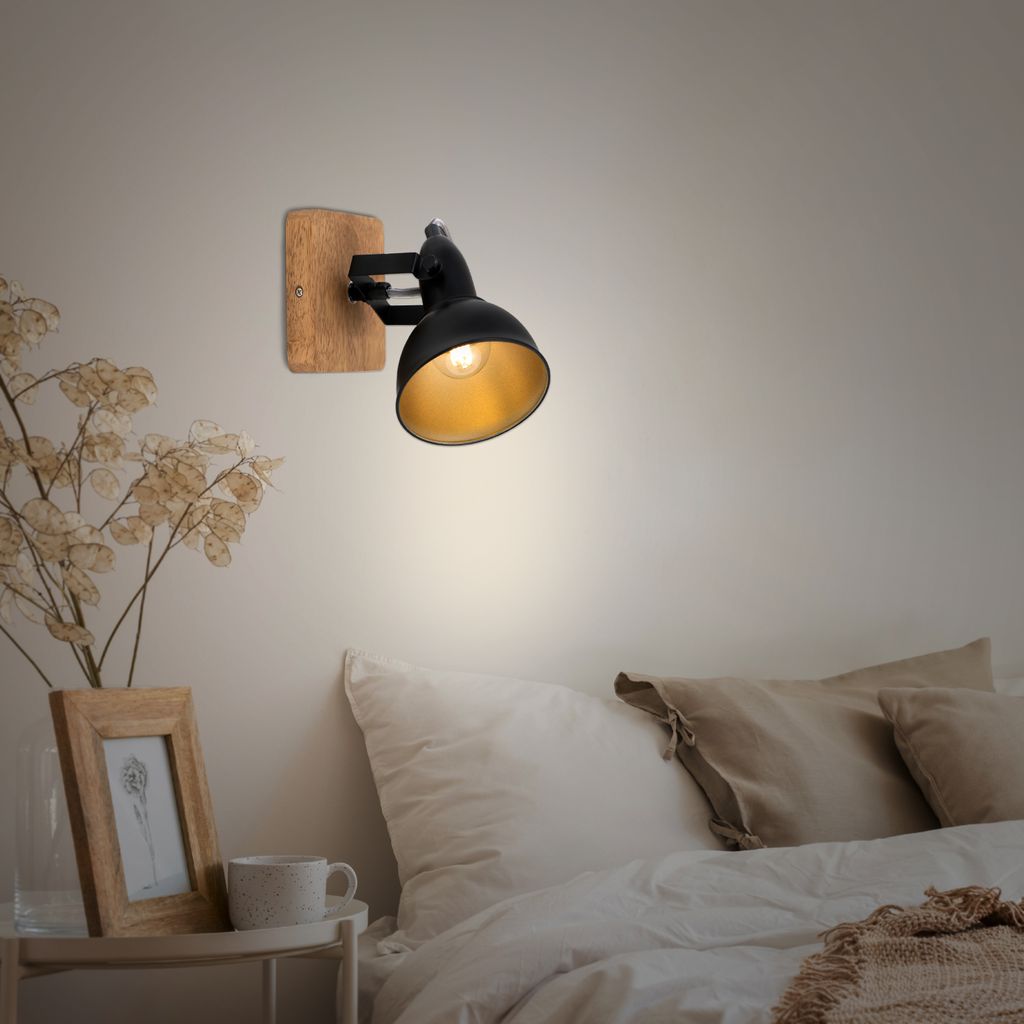 Wandspot retro vintage dreh- &schwenkbar 1xE14 Schwarz-Gold Metall-Holz Briloner 3